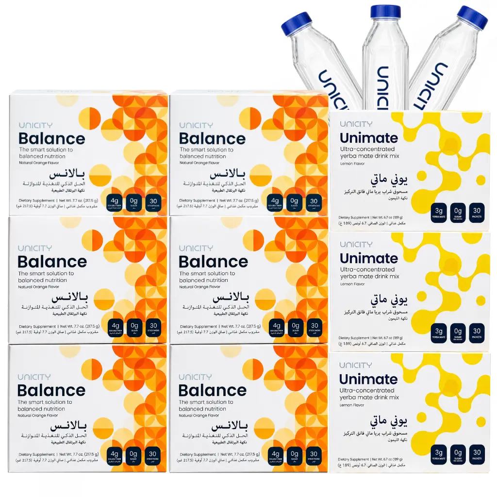 feel great ae package 90 days package product image فيل جريت باكدج 90 يوم من يونيستي - (6 بالانس برتقال + 3 يوني ماتي ليمون + 3 زجاجات) - الصورة 1